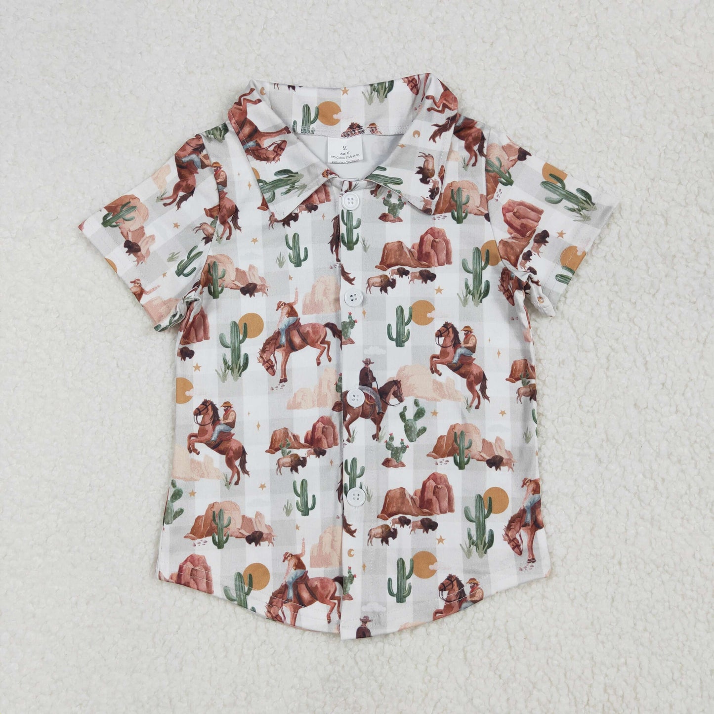 BT1155 Horseback Cactus Green Plaid Button Short Sleeve Top