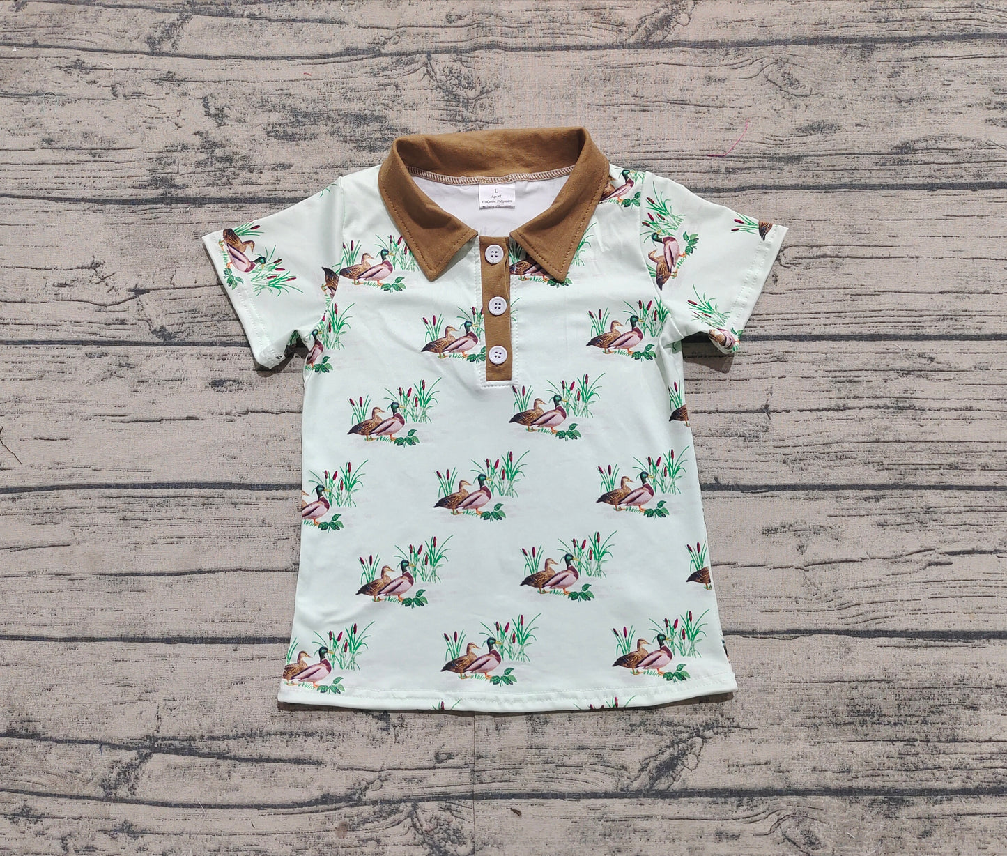 BT1174  Baby Boys Light Brown Collar Buttons Mallard Ducks Pullover Tops  D 3.14