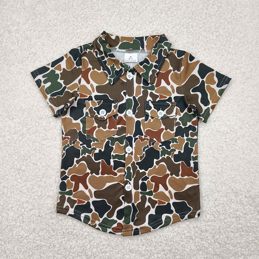 BT1200 Baby Boys Dark Brown Camo Short Sleeves Button Pockets Shirts Top D 4.11