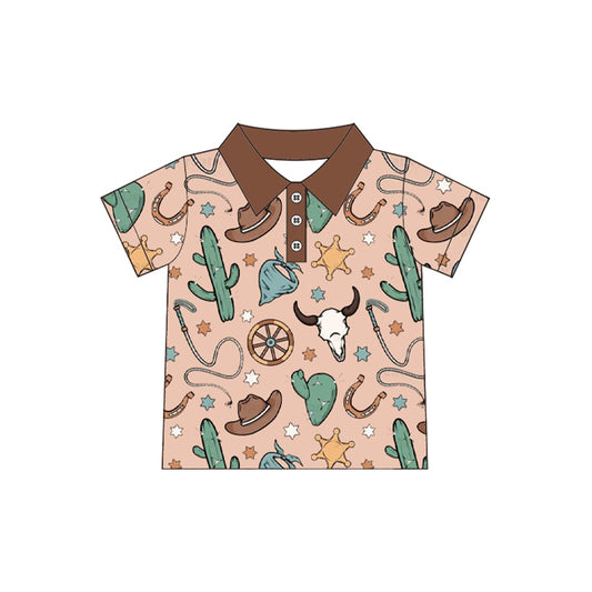 presale BT1224 Baby Boys Brown Short Sleeves Button Bull Skull Cactus Polo Shirts Top D 4.3