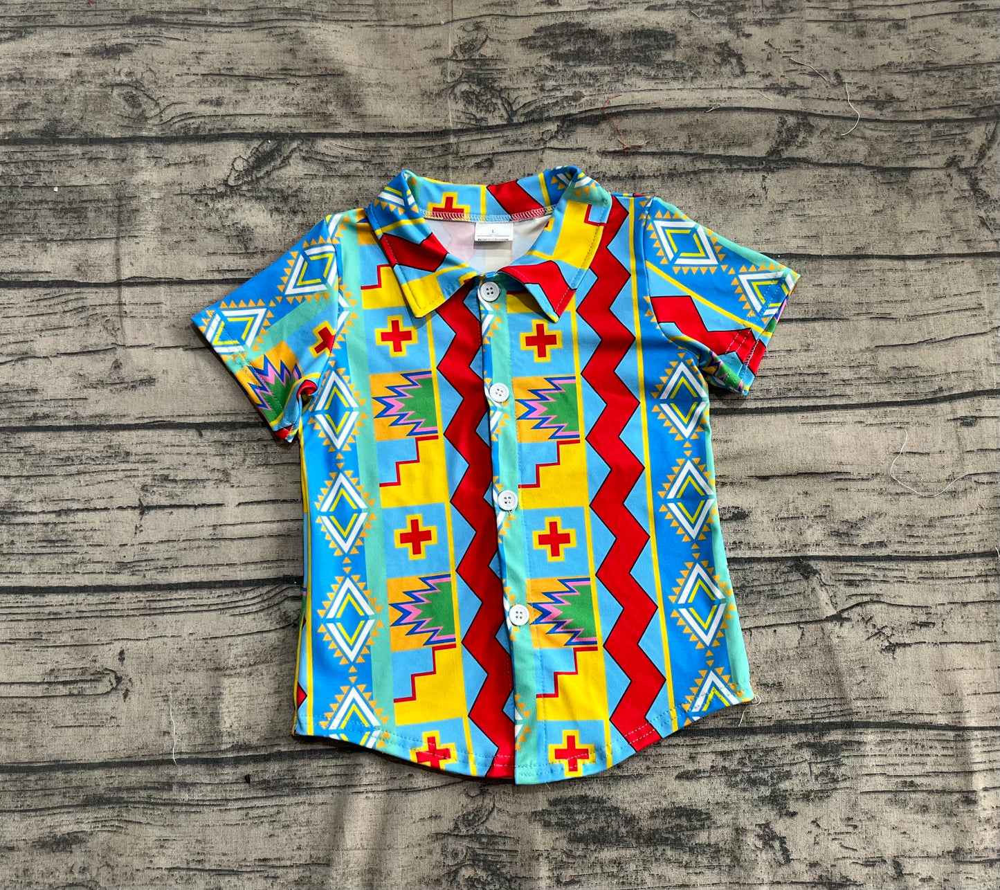 BT1225 Baby Boys Short Sleeves Colorful Aztec Print Button Shirts Top  D 4.3