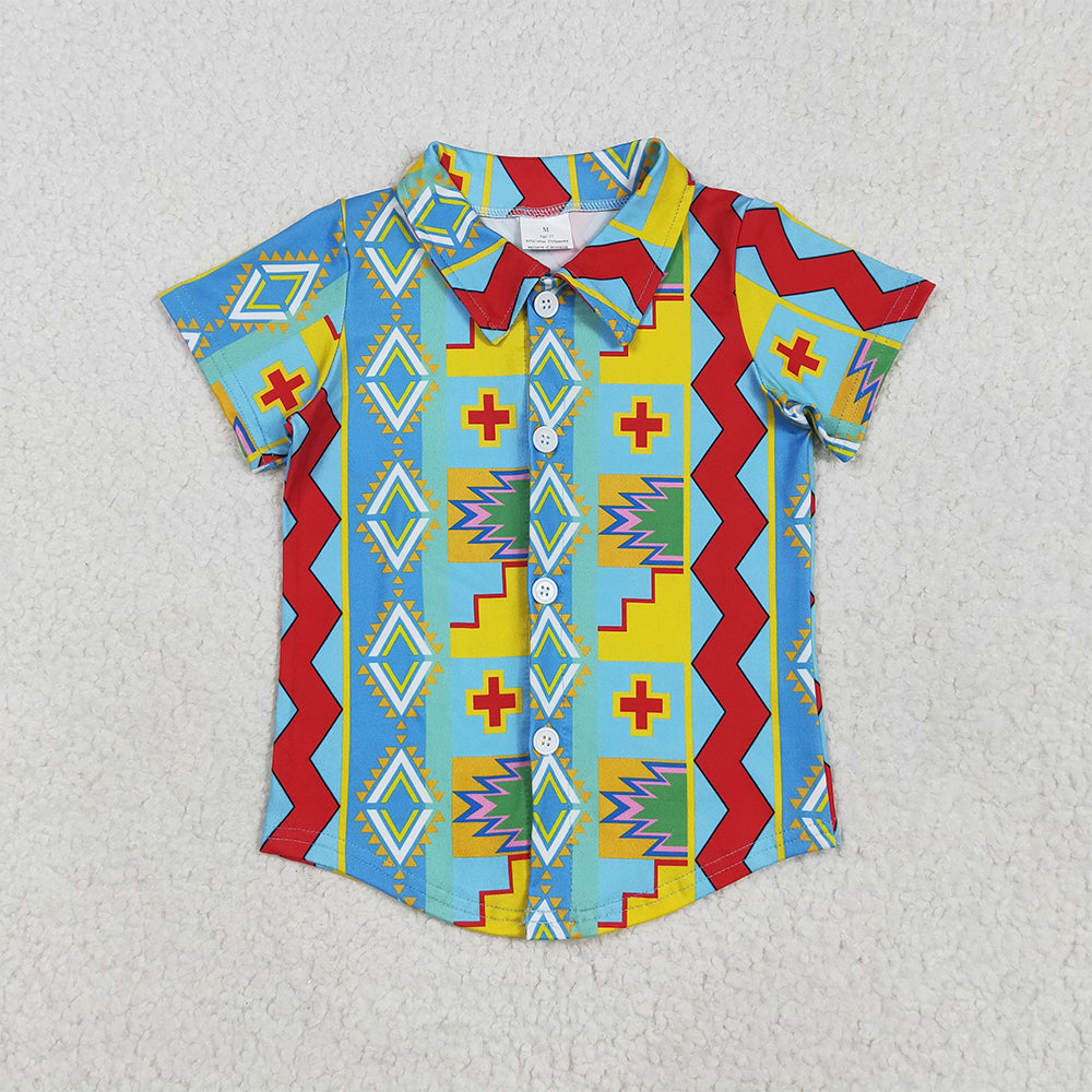 BT1225 Baby Boys Short Sleeves Colorful Aztec Print Button Shirts Top  D 4.3