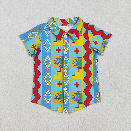 BT1225 Baby Boys Short Sleeves Colorful Aztec Print Button Shirts Top D 4.3