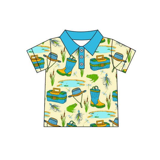 presale BT1226  Baby Boys Blue Short Sleeves Button Fishing Polo Shirts Top     D 4.7