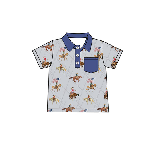 presale BT1227  Baby Boys Hot Blue Button Horse Rodeos Flags 4th Of July Polo Shirts Top  D 4.7