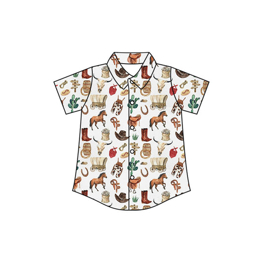 presale BT1231 Baby Boys Short Sleeves Button Boots Horses Shirts Top  D 4.9