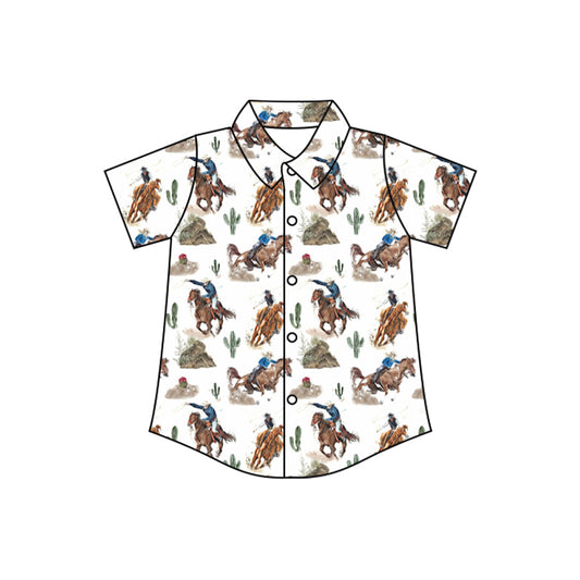 presale BT1235 Horseback Cactus White Button Short Sleeve Top D 4.16