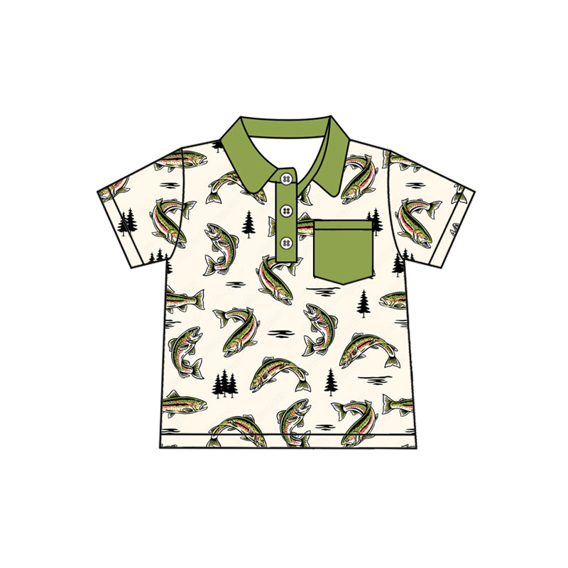 presale BT1245 Baby Boys Green Short Sleeves Fishes Button Pockets Polo Shirts Top  D 4.25