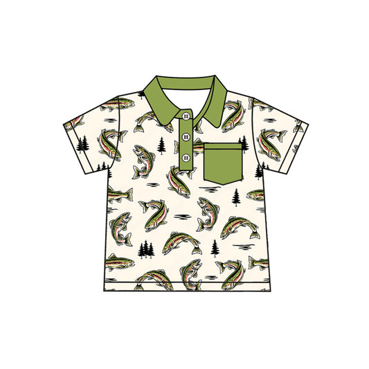 presale BT1245 Baby Boys Green Short Sleeves Fishes Button Pockets Polo Shirts Top  D 4.25