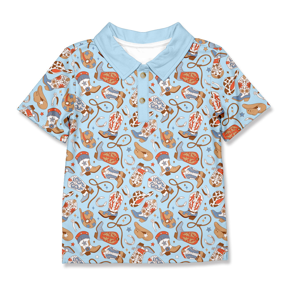 BT1256  Baby Boys Blue Short Sleeves Hats Boots Button Pullovers Shirts Top D 6.28