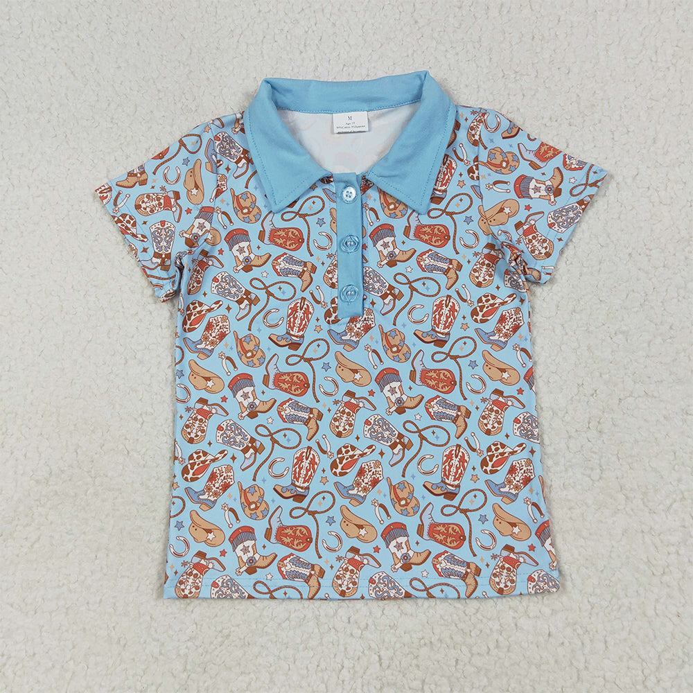 BT1256  Baby Boys Blue Short Sleeves Hats Boots Button Pullovers Shirts Top D 6.28