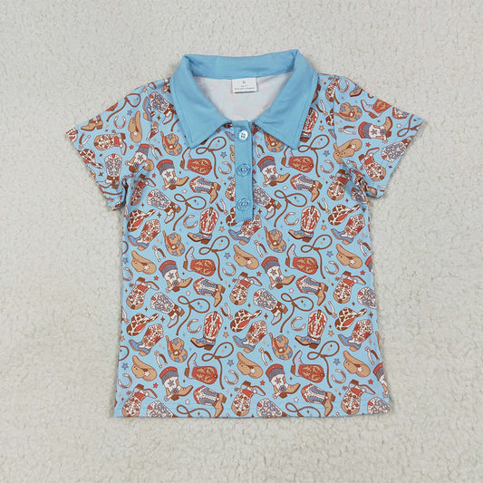 BT1256  Baby Boys Blue Short Sleeves Hats Boots Button Pullovers Shirts Top D 6.28