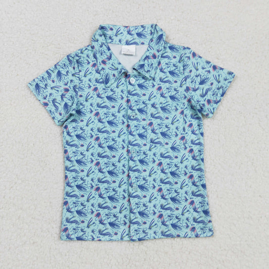 BT1296 Baby Boys Short Sleeves Blue Flowers Plaid Button Shirts Top D 829