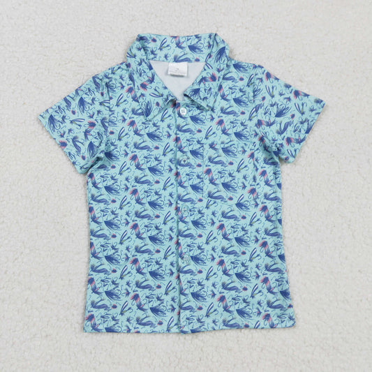 BT1296 Baby Boys Short Sleeves Blue Flowers Plaid Button Shirts Top D 829