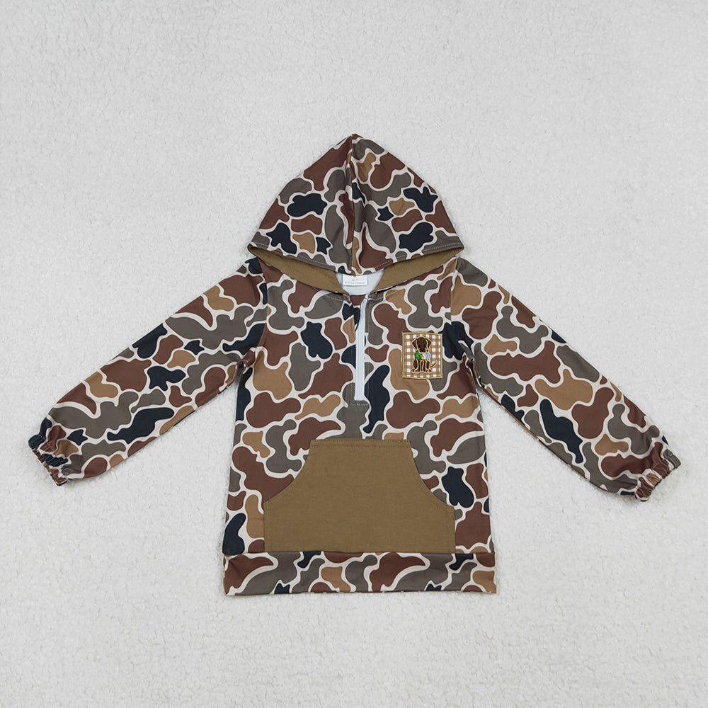 Sibling Baby Kids Brown Camouflage Embroidery Hoodie with Dog Duck Pocket Zipper Hunting Top for Children