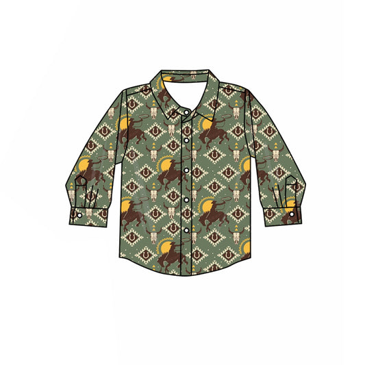 presale BT1314 Horseback Riding Alpine Bull Head Geometric Brown-Green Button Long-Sleeved Top D 8.4