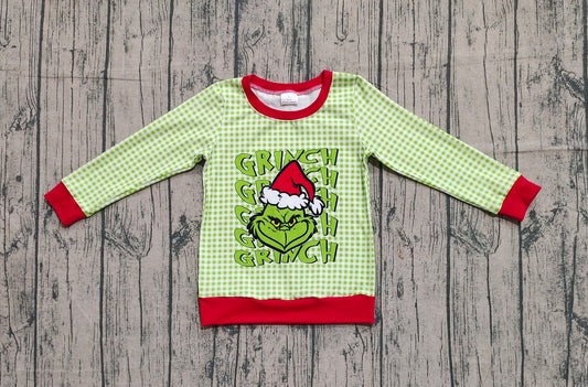 presale BT1321 Baby Boys Green Face Plaid Christmas Tee Shirts Top D 8.7