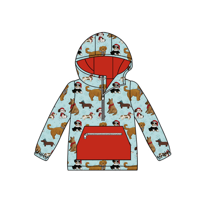 presale BT1330 Christmas Puppy Zipper Pocket Blue Hooded Long Sleeve Top  D 818