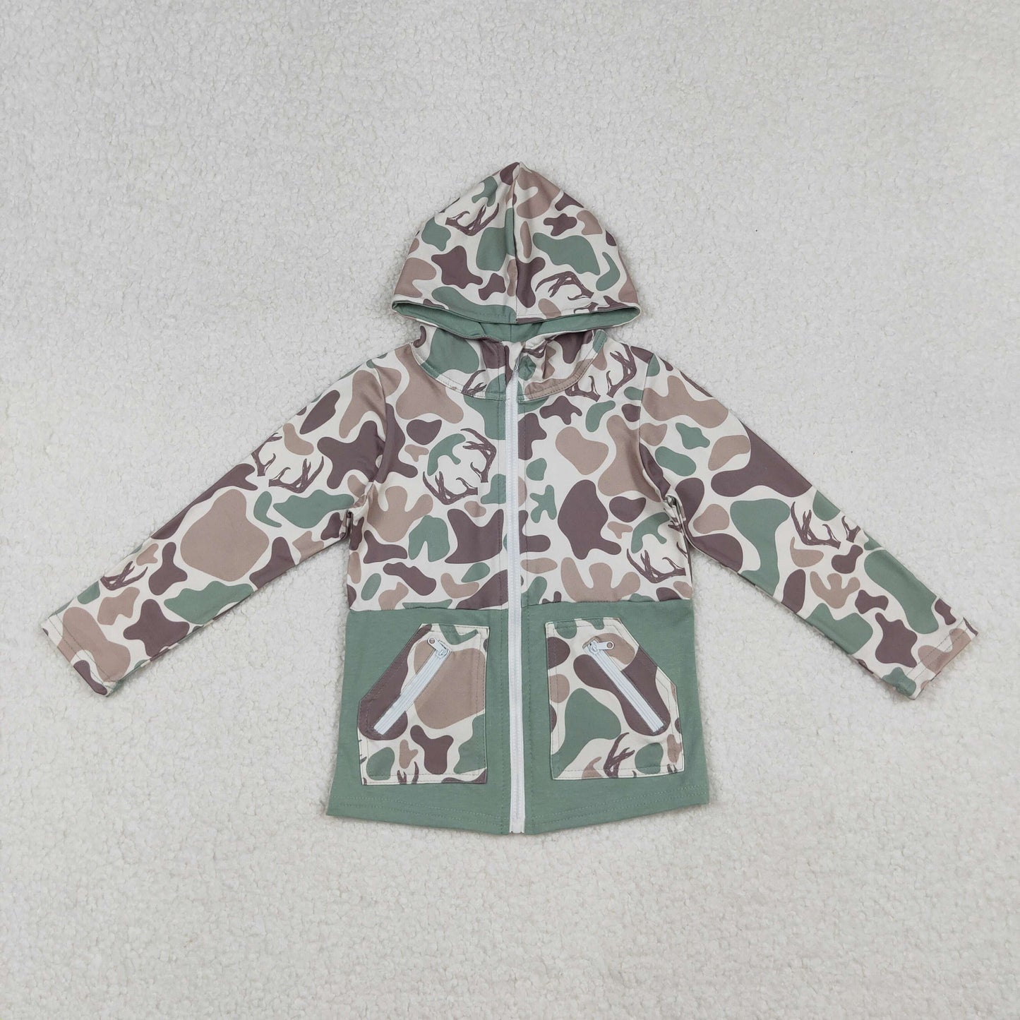 Sibling Baby Boys Green Khaki Deer Camo Pockets Zipper Hoodie Jackets Zipper Rompers D 929
