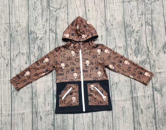 preorder BT1337 Baby Boys Brown Bull Skulls Pocket Zipper Western Hoodies Jackets D 1009