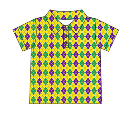 presale BT1357   Baby Boys Purple Yellow Green Checked Mardigras Button Polo Shirts Top  D 915