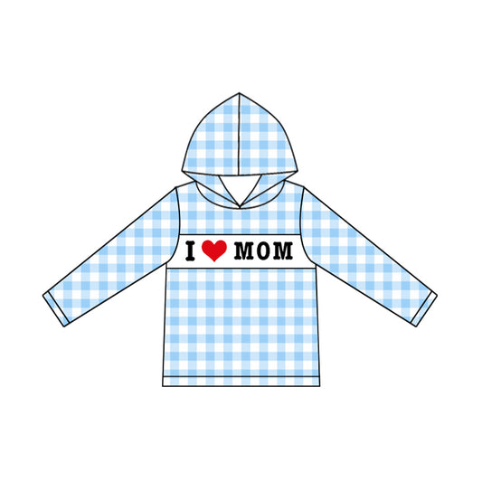 presale BT1359 Baby Boys Blue Checked I Love Mom Hoodie Top  D 915