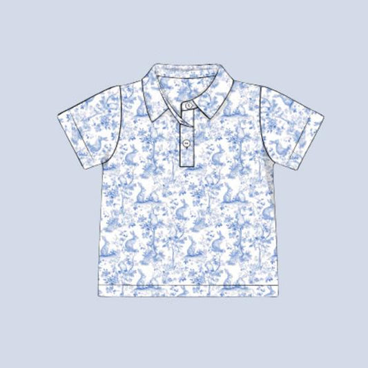 presale BT1362 Baby Boys Short Sleeve Blue Rabbits Floral Easter Button Polo Shirts Top  D 915
