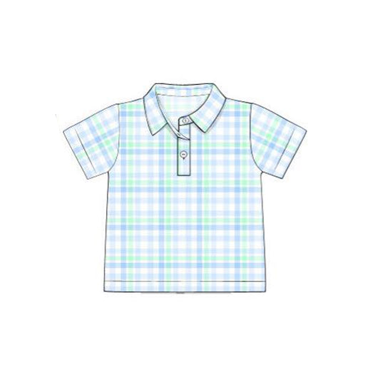 presale BT1365 Baby Boys Short Sleeve Blue Aqua Checked Button Polo Shirts Top D 915