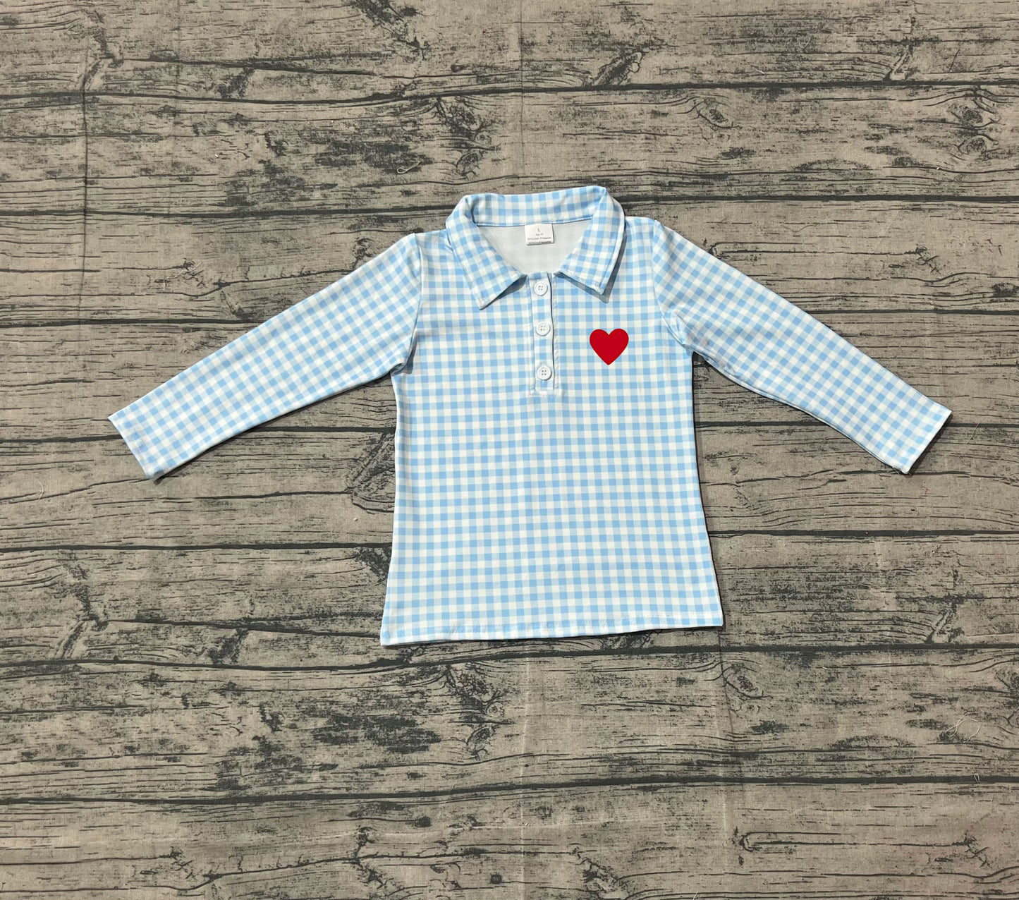 BT1386  Embroidery Hearts Baby Boys Blue Checked Valentine Polo Shirts Top  D 1001