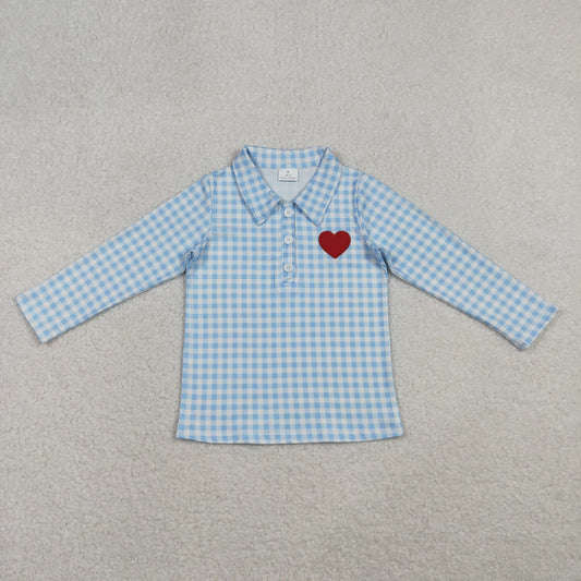 BT1386 Embroidery Hearts Baby Boys Blue Checked Valentine Polo Shirts Top D 1001