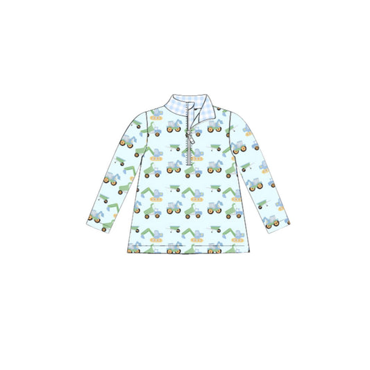 presale BT1408 Baby Boys Aqua Long Sleeve Excavators Tractors Zipper Pullovers Top D 1015