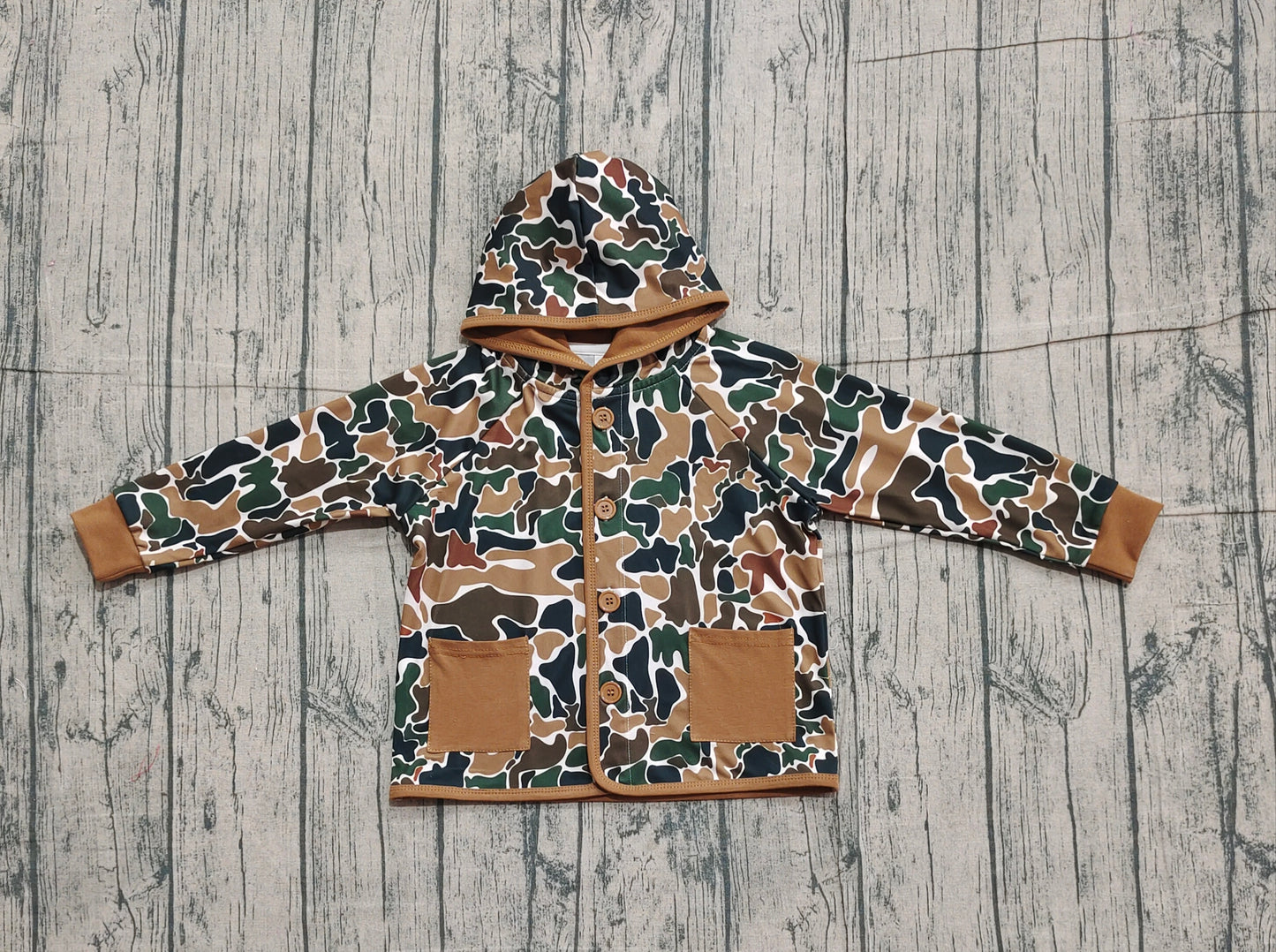 preorder BT1442 Baby Boys Dark Brown Camo Button Pockets Hooded Jackets Tops D 1105