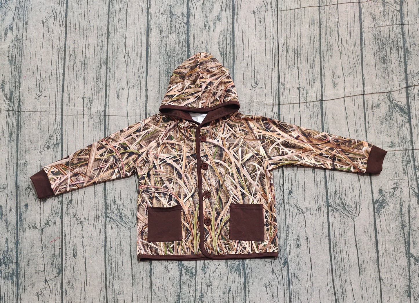 preorder BT1443  Baby Boys Brown Leaves Camo Button Pockets Hooded Jackets Tops D 1105