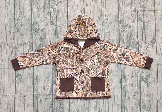preorder BT1443 Baby Boys Brown Leaves Camo Button Pockets Hooded Jackets Tops D 1105