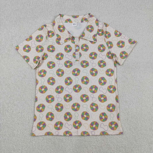 BT1453  Adult Men Mardigras Donuts Plaid Button Polo Shirts Top D 1105