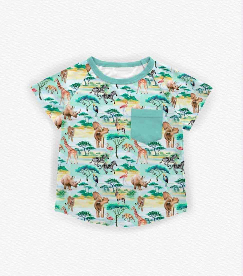 presale BT1479 Baby Boys Forest Animals Pockets Short Sleeve T-shirts Top  D 1104