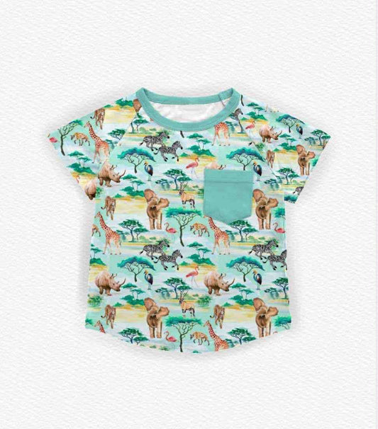 presale BT1479 Baby Boys Forest Animals Pockets Short Sleeve T-shirts Top D 1104