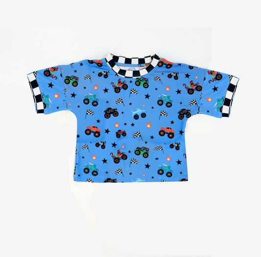 presale BT1496 Baby Boys Hot Blue Short Sleeve Motor Cars Flags T-shirts Top D 1113