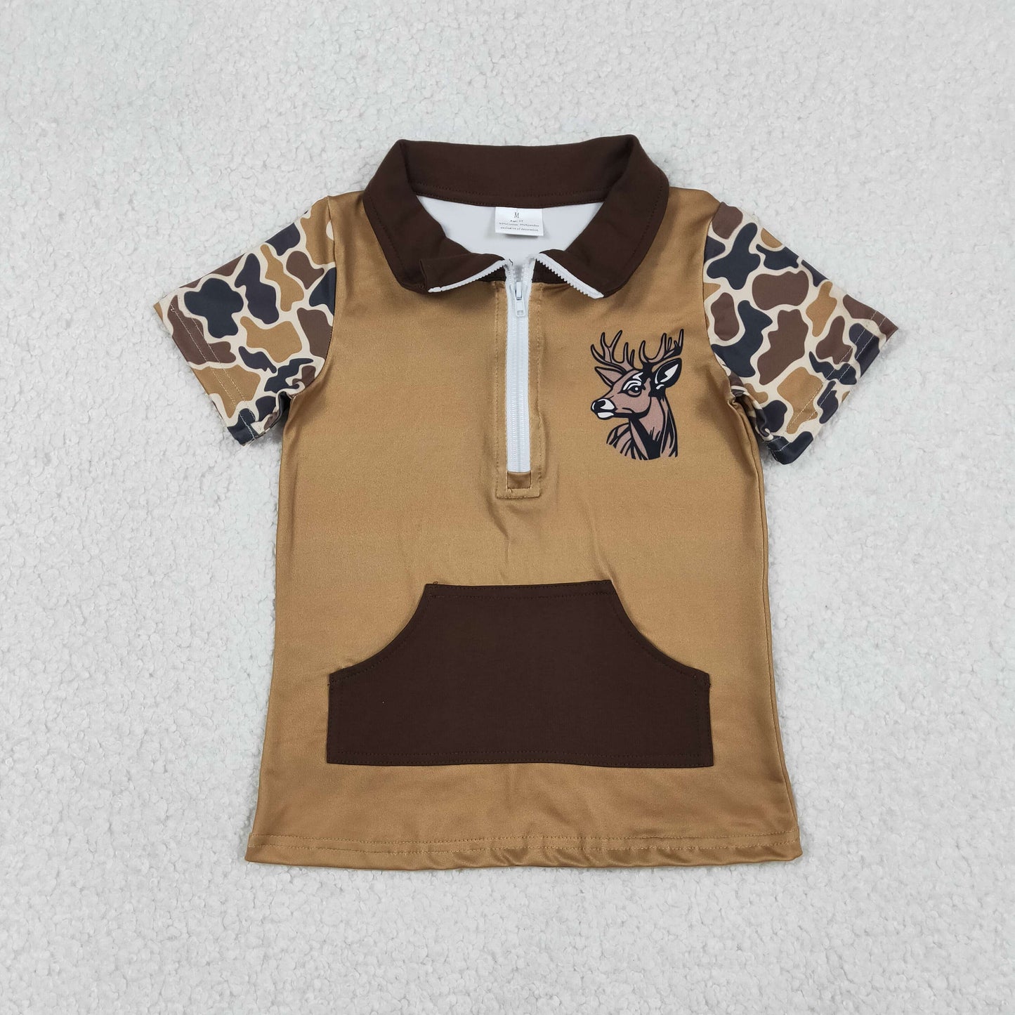 Sibling Baby Boys Short Sleeve Southern Camo Pullover Top with Zipper Pockets Deer Dogs Hunting Theme Outfit