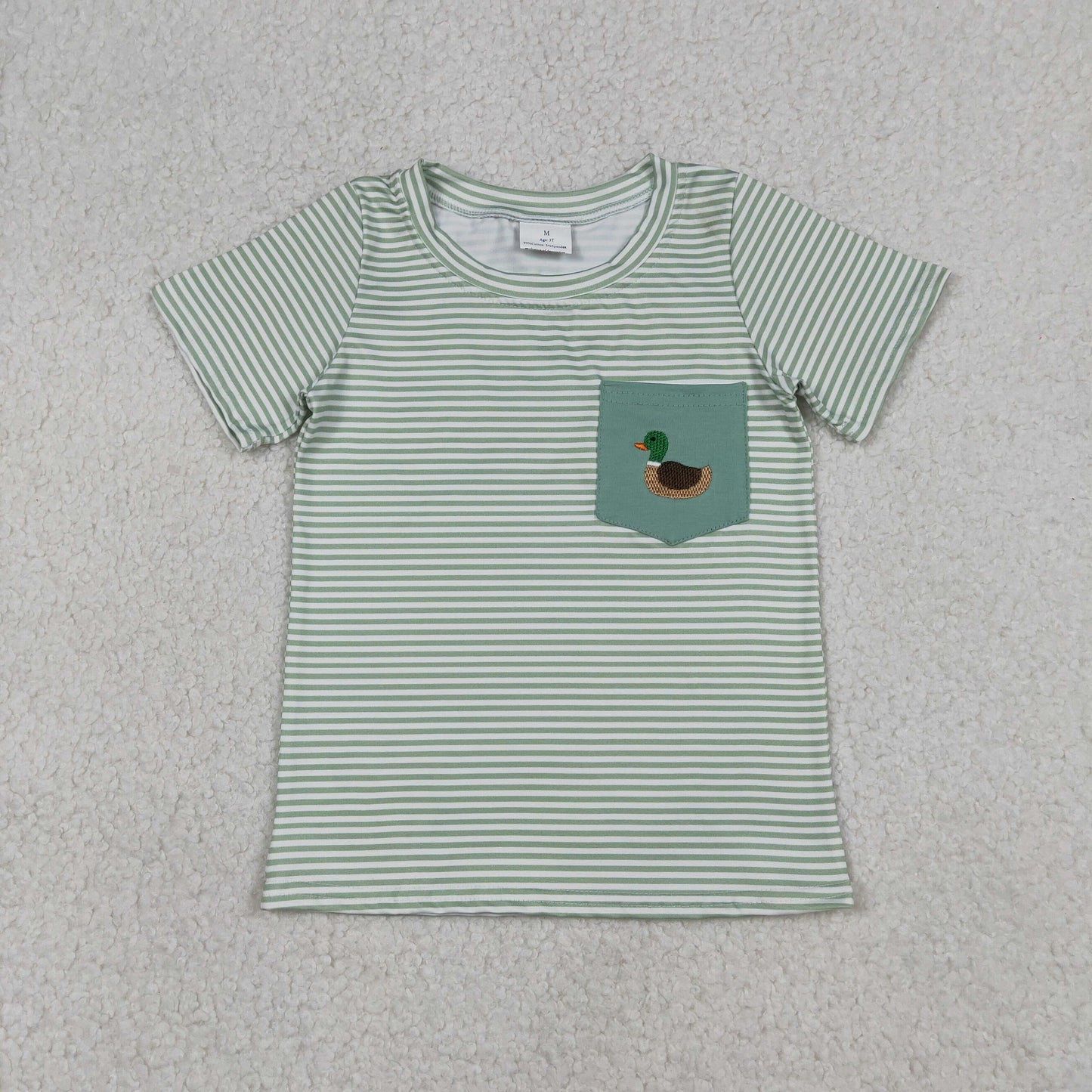 Baby Boys Green Stripe Pocket T-shirts Top Embroidery Duck Design Hunting Theme Casual Wear for Little Ones