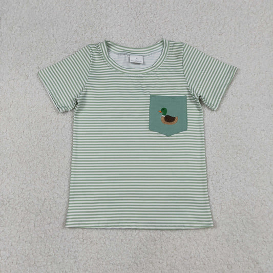 Baby Boys Green Stripe Pocket T-shirts Top Embroidery Duck Design Hunting Theme Casual Wear for Little Ones