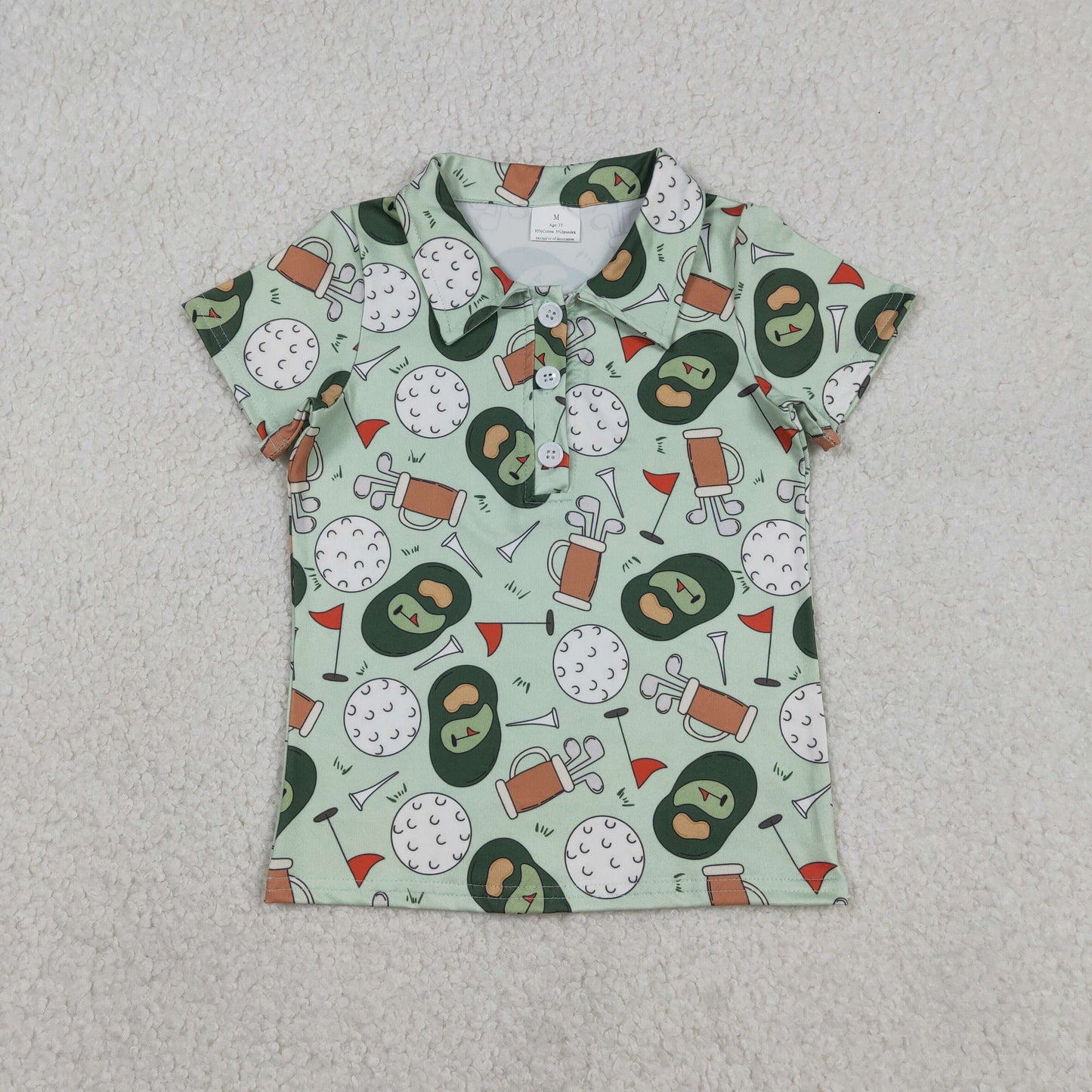 Baby Boys Green Golf Flags Team Button Polo Shirts Top for Kids Fashionable Teamwear