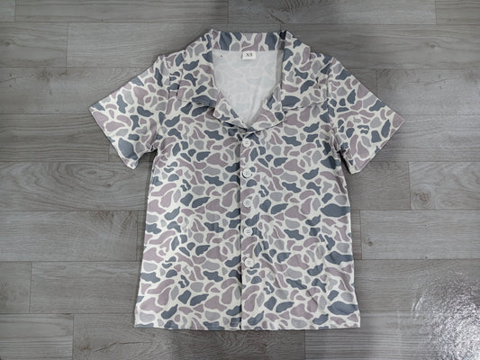 pre order men's short sleeve v-neck button down camo shirt