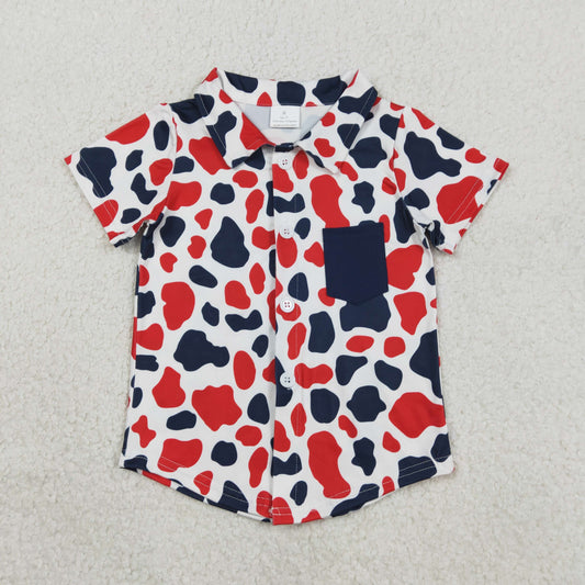 RTS NO MOQ（In Stock) BT1656 Baby Boys Red Blue Cow Print 4th of July Button Pocket Shirts Top