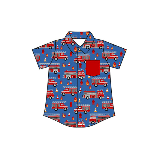 Presale BT1722 Summer T-shirt For Boys Baby Boys Short Sleeve Firetrucks Button Pocket Shirts Top