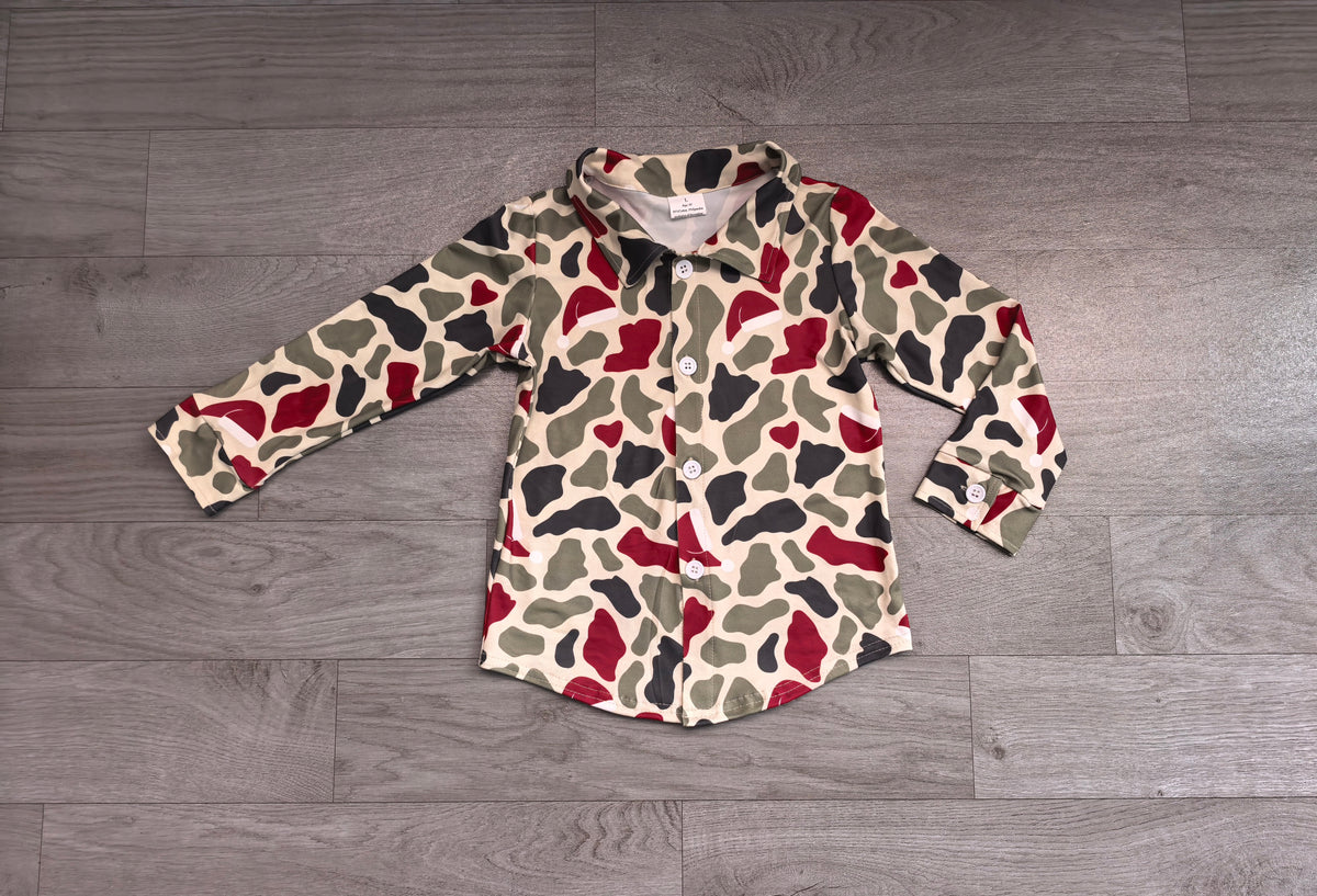 Pre order long sleeve santa camo button down t-shirt