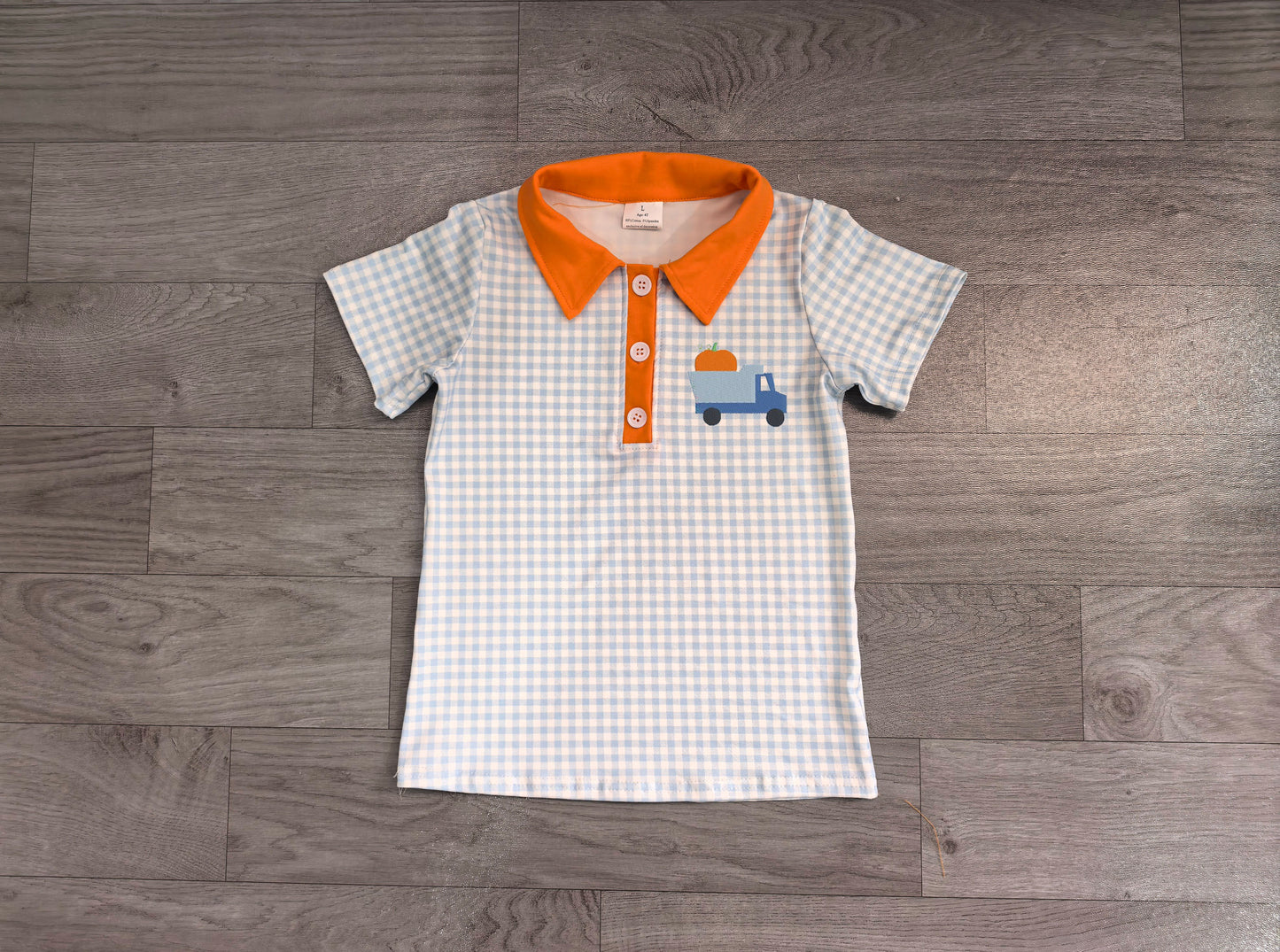 pre order pumpkin truck embroidery gingham boy polo tee