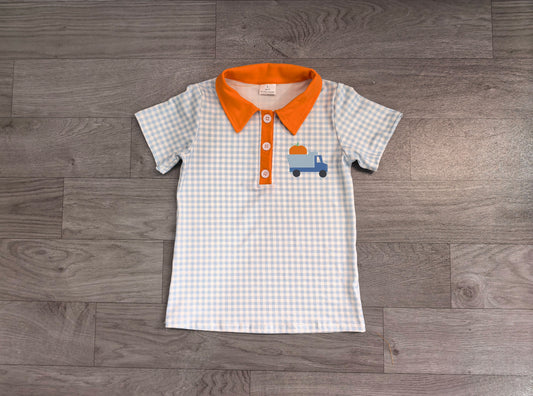 pre order pumpkin truck embroidery gingham boy polo tee