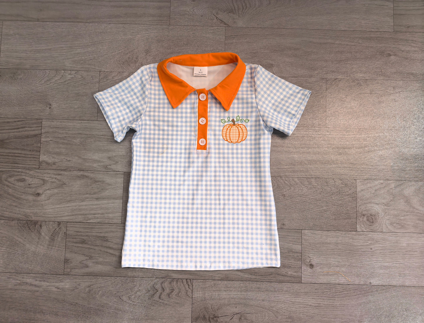 pre order pumpkin embroidery gingham boy polo tee
