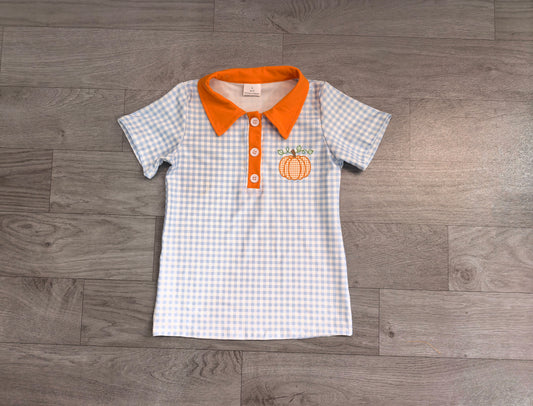 pre order pumpkin embroidery gingham boy polo tee